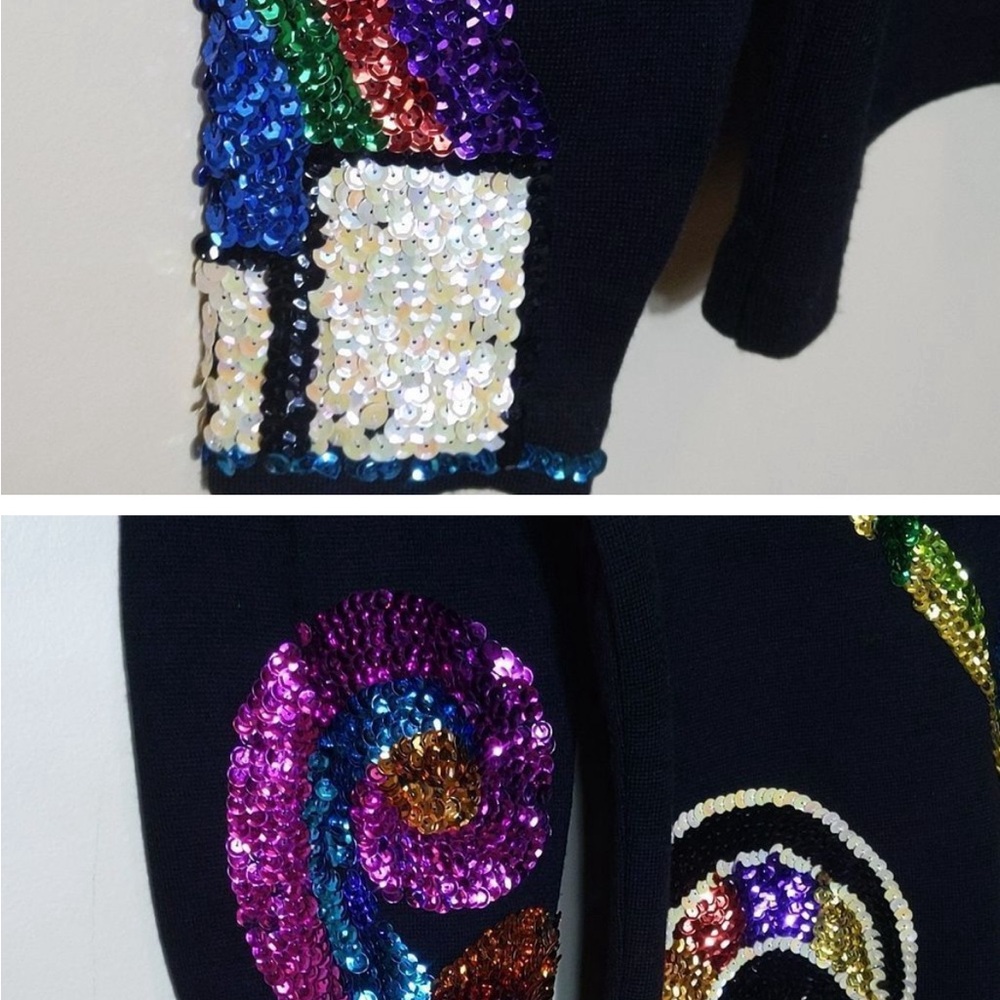 Vintage OS International Sequin Sweater Wool Blend Black Multicolor Maximalist